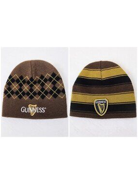 Guinness reversible Knit Beanie Brown Black Stripes/Argoyle Beer Irish Unisex OS